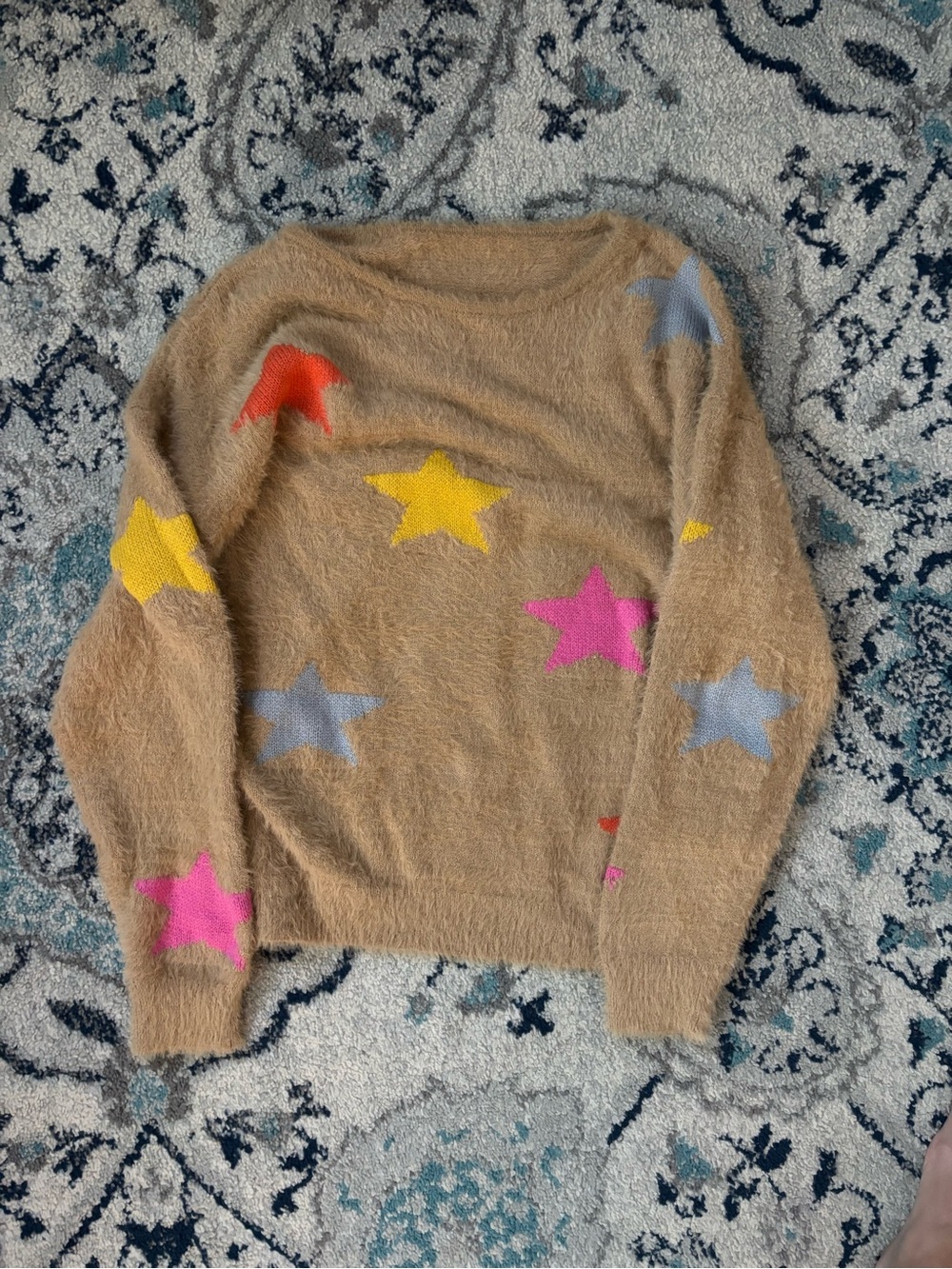 Star Motif Fuzzy Crewneck Sweater in Tan